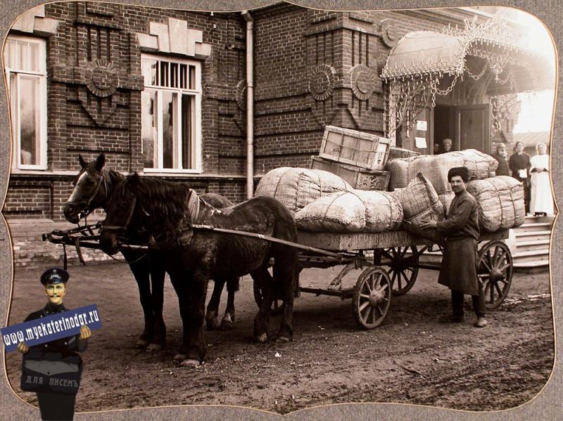 Екатеринодар. Возчик у телеги, нагруженной упакованными вещами, собранными представителями Красного Креста для действующей армии, перед отправкой их со склада, устроенного в помещении общины, 1915 год